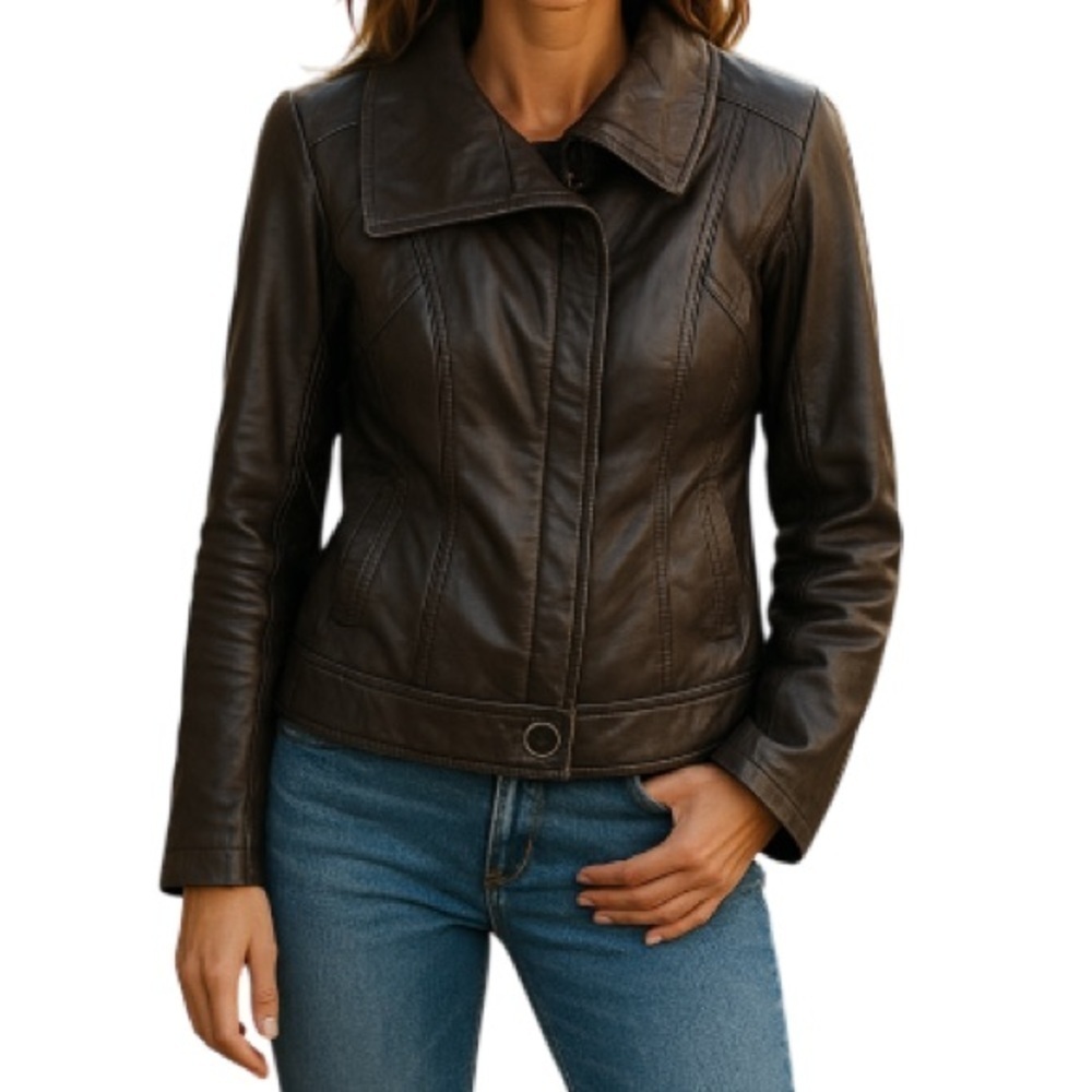 SOIA & KYO Leather Jacket Dark Chocolate Brown  Tailored Zip Large Collar Size M